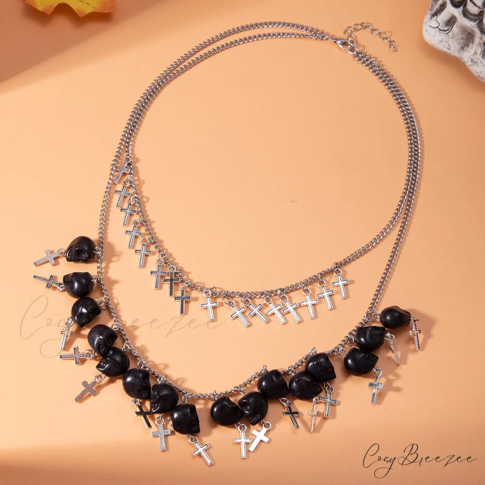 Halloween Cross Tassel Skull Fashion Punk Exaggerated Layered Necklace BLACK
