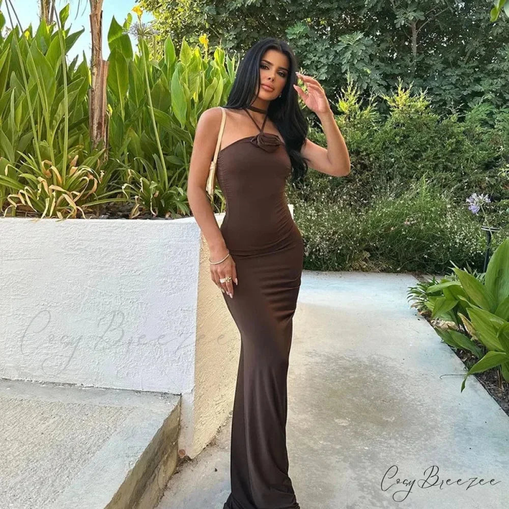 Halter Backless Floral Applique Fashion Gown Midi Dress