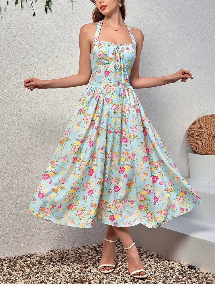 Halter Backless Print Floral Pink Dress
