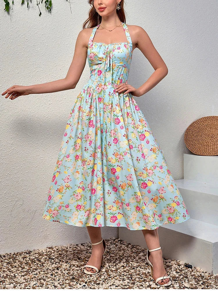 Halter Backless Print Floral Pink Dress Blue / XS