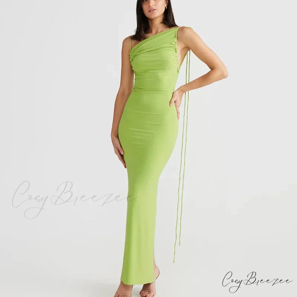 Halter Backless Ruched Elegant Sleeveless Split Summer-ready Midi Dress Green / S