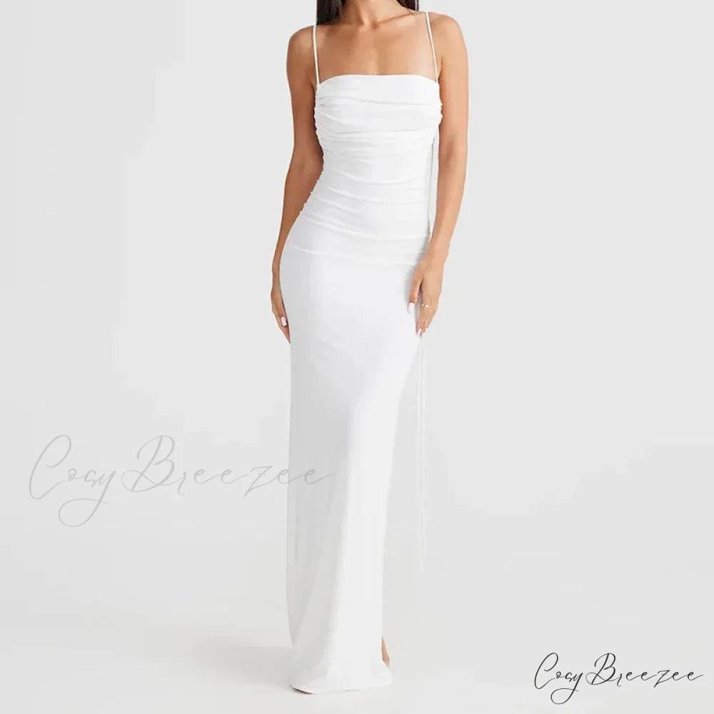 Halter Backless Ruched Elegant Sleeveless Split Summer-ready Midi Dress White / S
