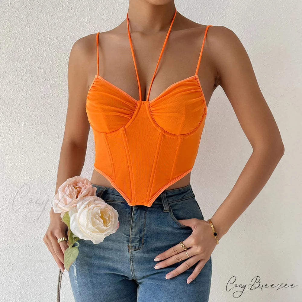 Halter Bustier Curved Sleeveless Mesh Classic Crop Corset Top - Black S / Burnt Orange