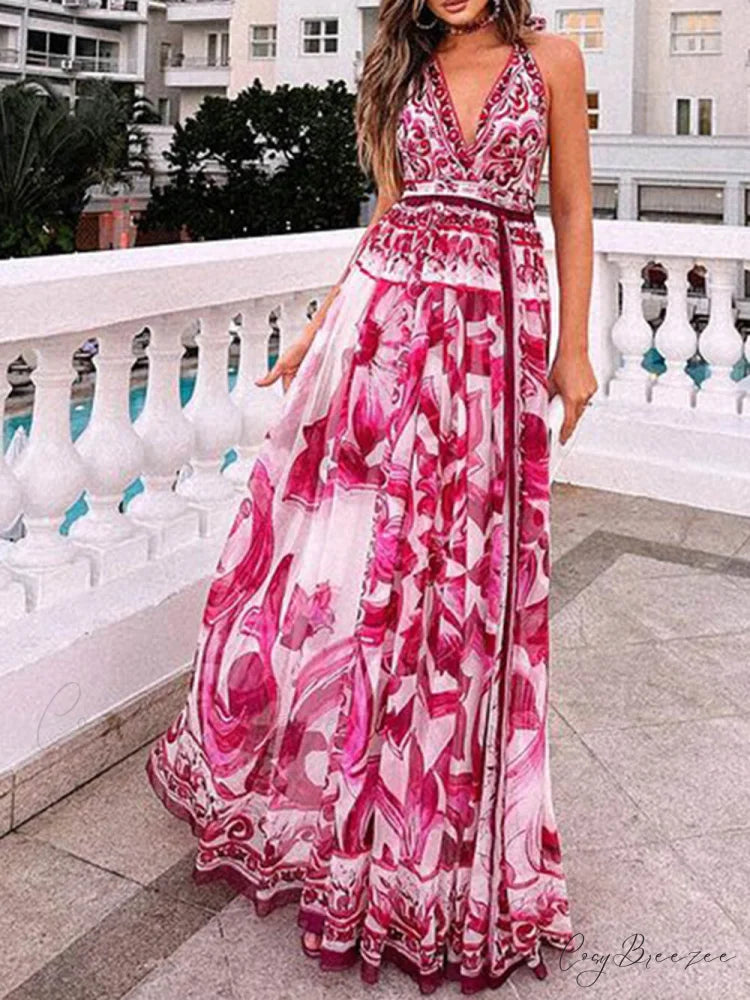 Halter Neck Backless Charming Printed Maxi Dress