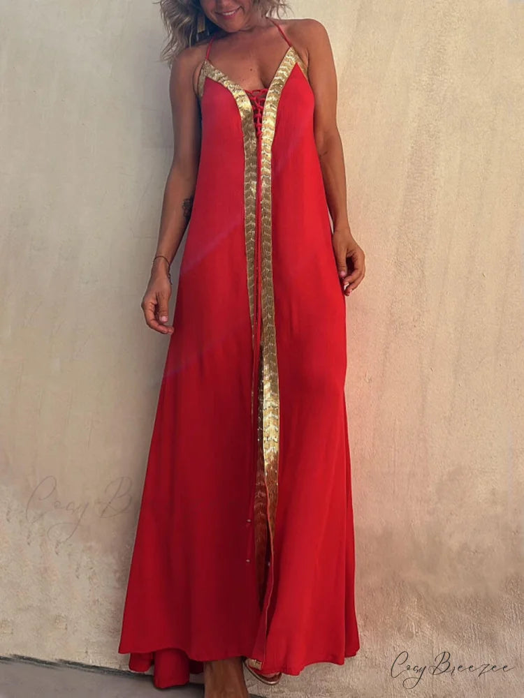 Halter Neck Casual Charming Resort Maxi Dress Red / S