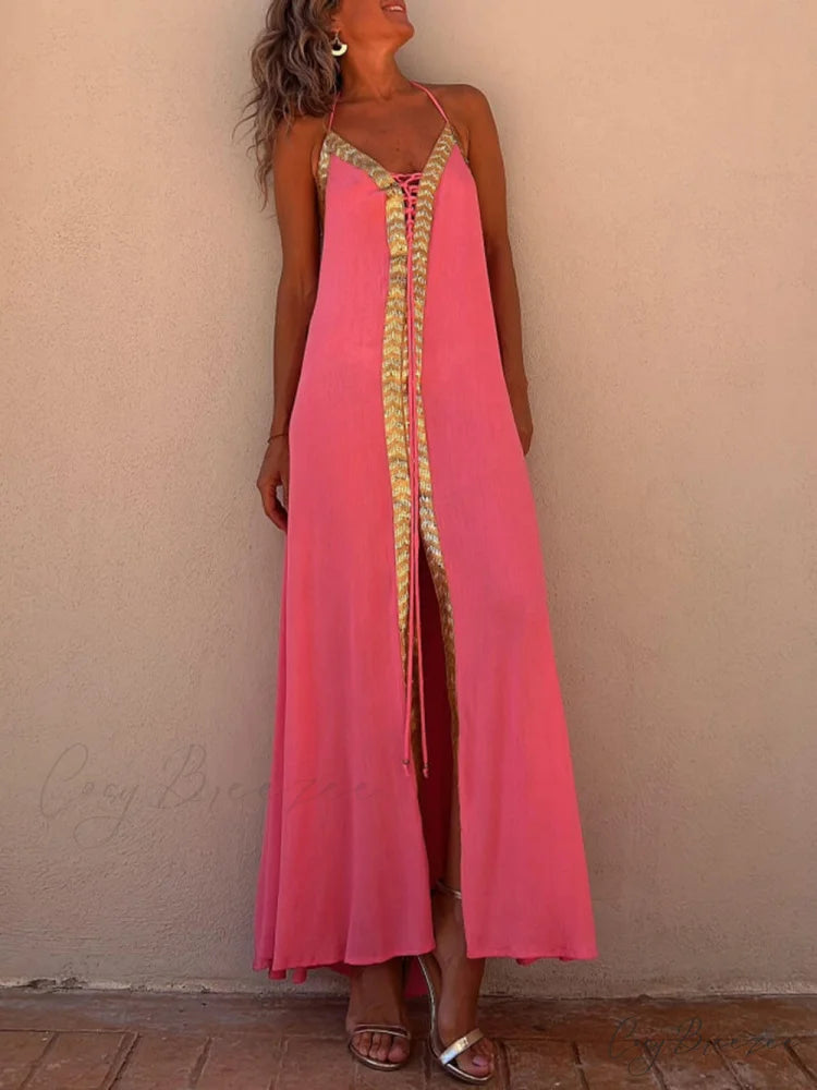 Halter Neck Casual Charming Resort Maxi Dress Watermelon Red / S