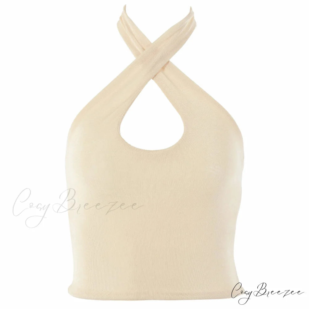 Halter Neck Cropped Trendy Tank Top - White L / Beige