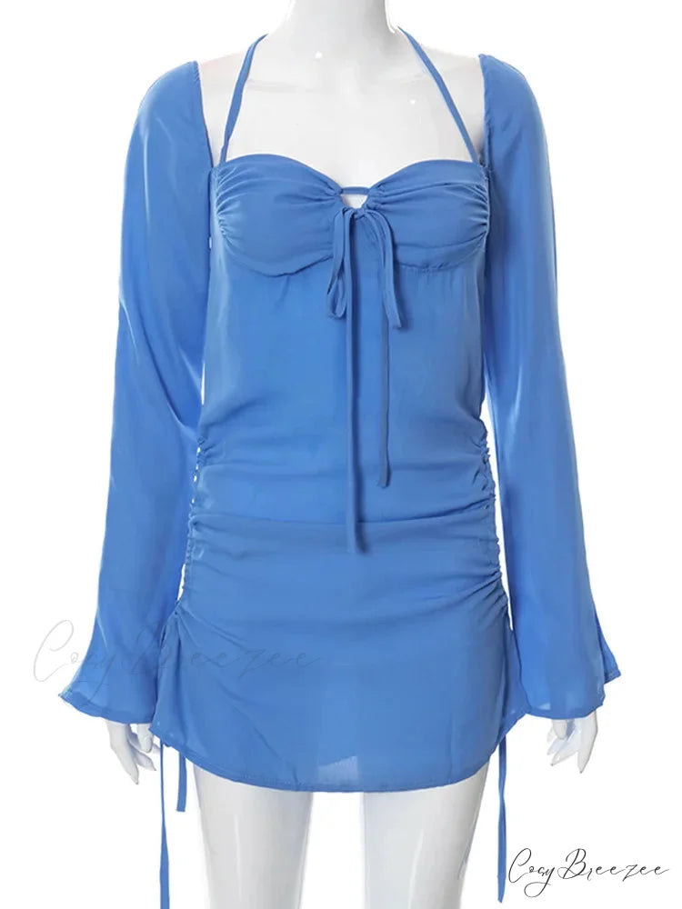 Halter Neck Pink Sleeve Mini Dress Blue / S