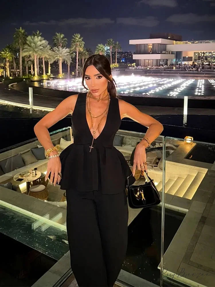 Halter Neck Wide-Leg Elevated-Waist Formal Two Piece Set black tank top / S officetwopieceset-250223