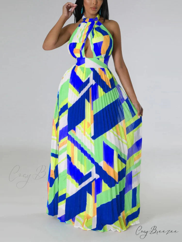 Halter Patchwork Graceful Ribbed Black Romper Blue / S
