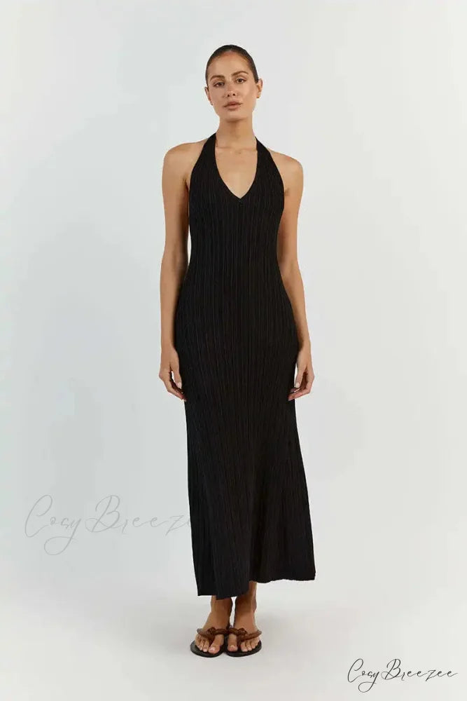 Halter Plunge V Neck Dress Black / S