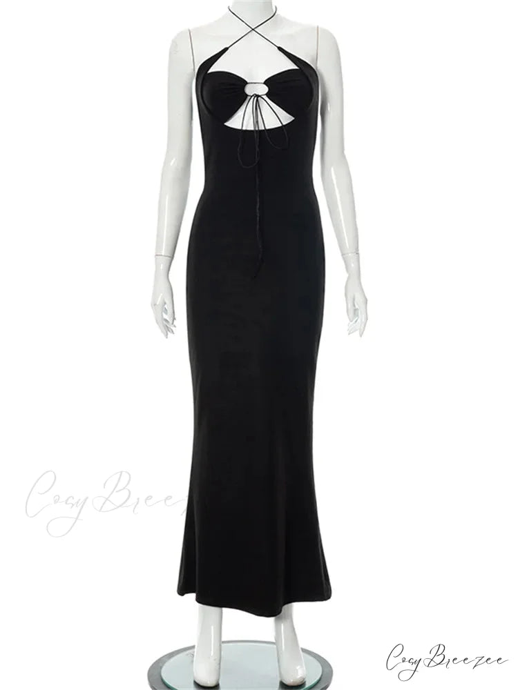 Halter Sexy Backless Hollow Out Tie Up Women Sleeveless Summer Club Party Outfits Vestidos Black / S