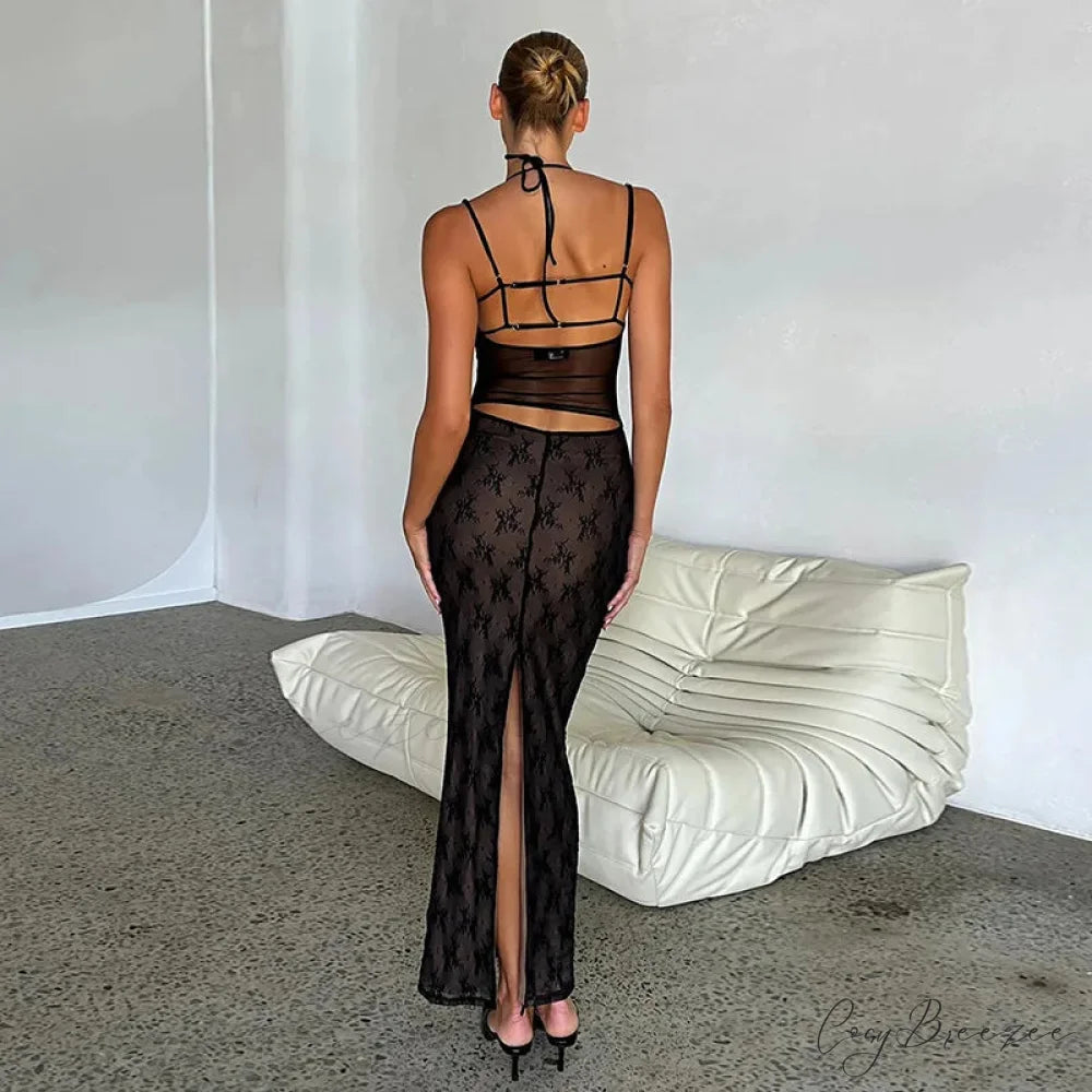 Halter Sleeveless Backless Split Maxi Dress