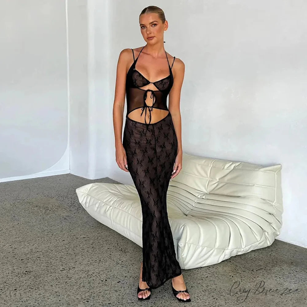Halter Sleeveless Backless Split Maxi Dress Black / S