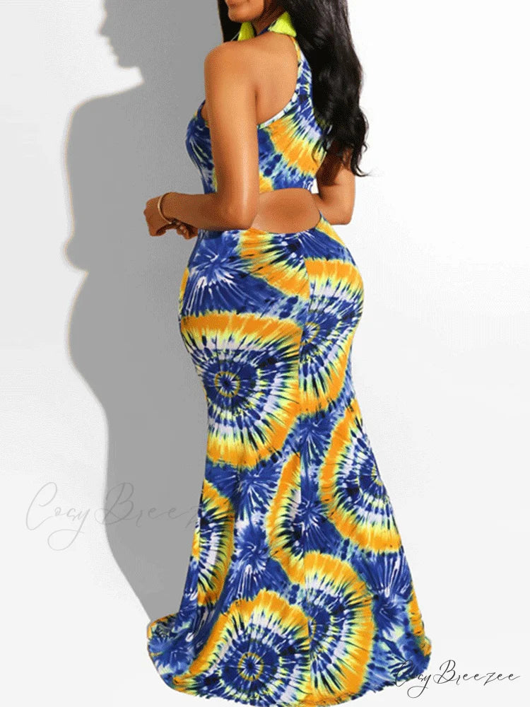Halter Three-dimensional Graceful Floral Cake Dress Blue Circle / S