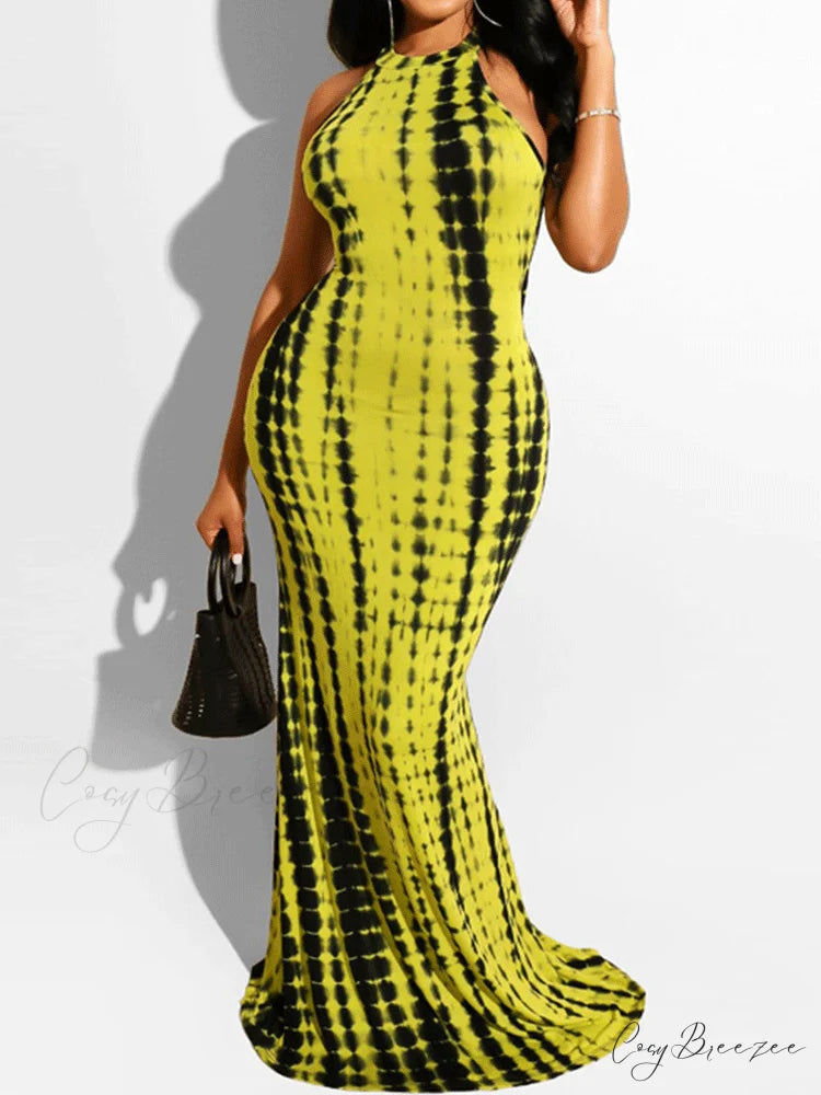 Halter Three-dimensional Graceful Floral Cake Dress Yellow Black / S