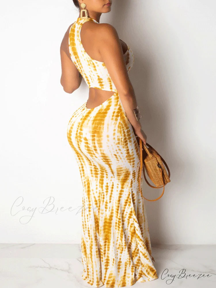 Halter Three-dimensional Graceful Floral Cake Dress Yellow White / S