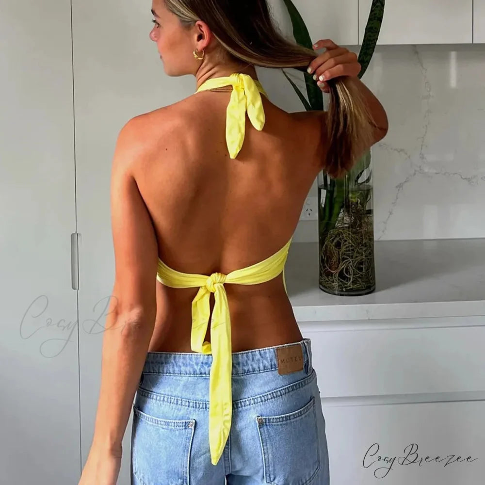 Halter Tie Back Solid Crop Top croptop-250223