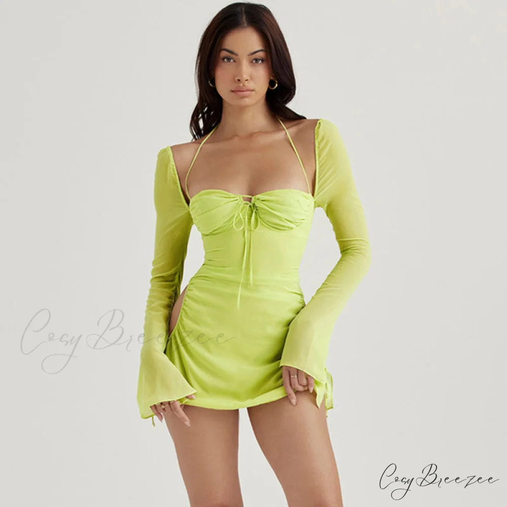 Halter Tie Strap Ruched Cut Classic Out Club Mini Dress - Chocolate S / Green
