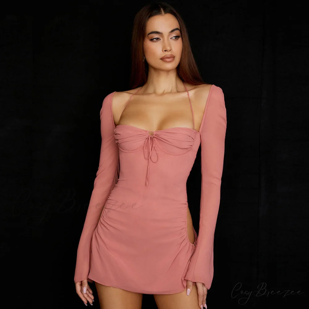 Halter Tie Strap Ruched Cut Classic Out Club Mini Dress - Orange L / Pink
