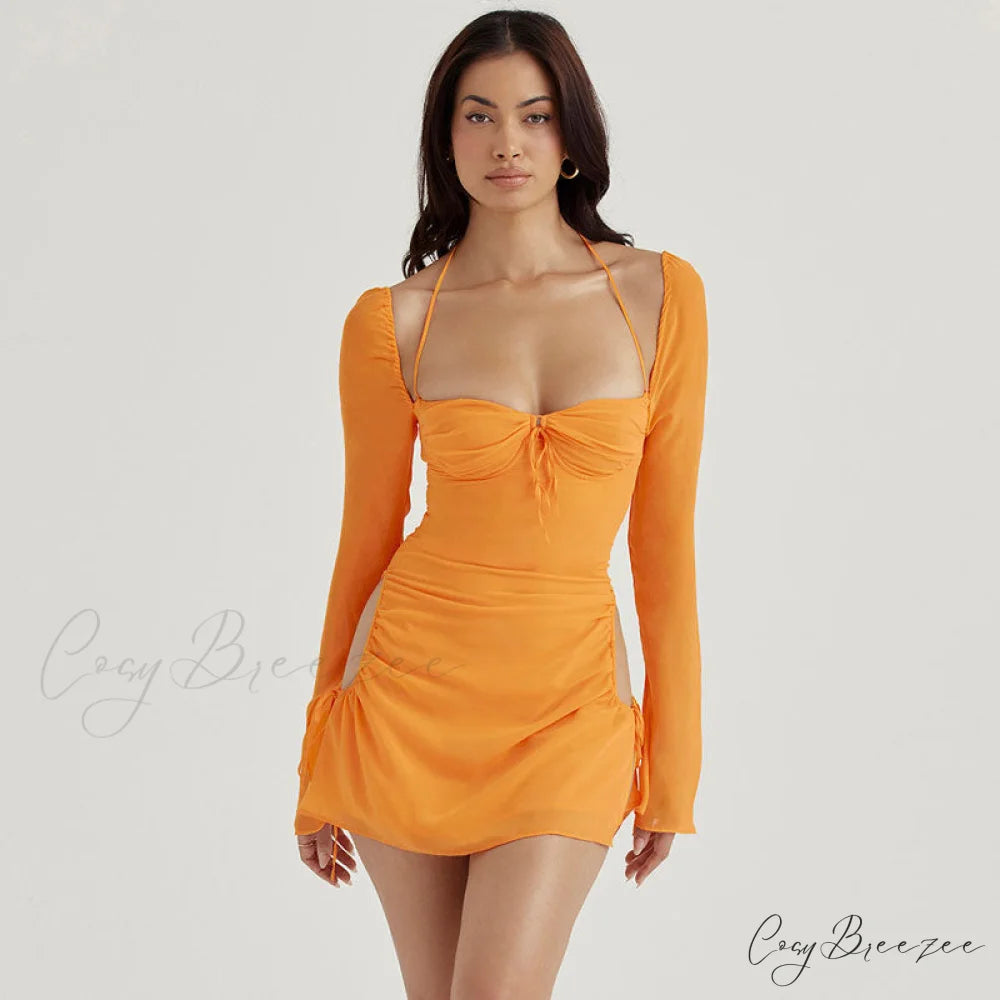 Halter Tie Strap Ruched Cut Out Sophisticated Club Mini Dress - Light Pink S / Orange