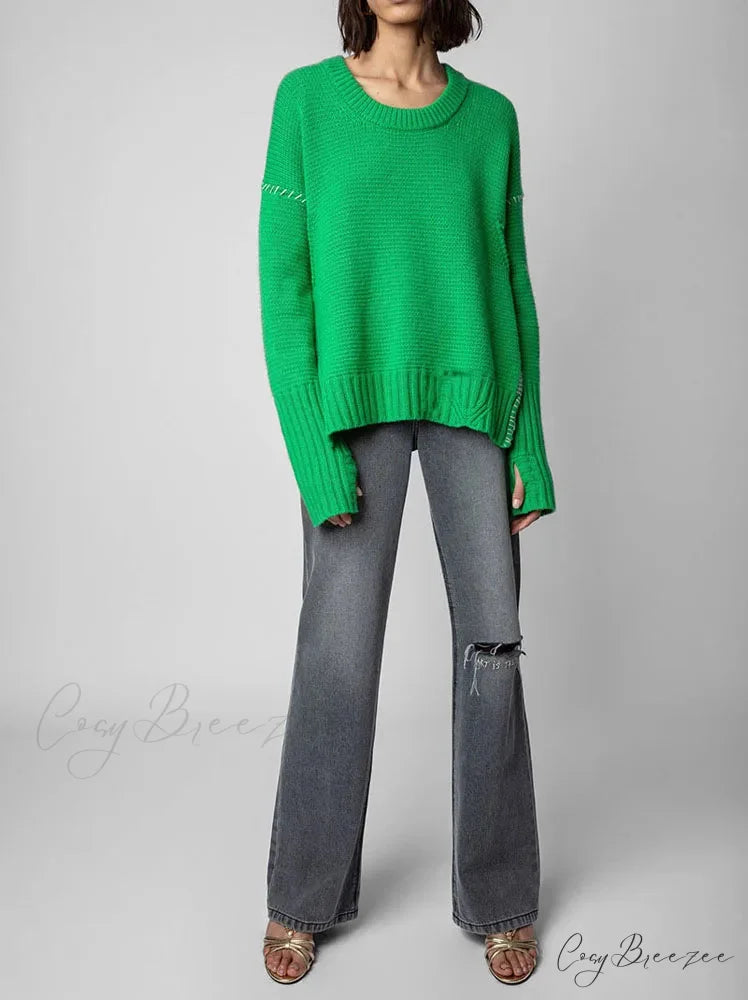 Hand-Woven Loose O-Neck Slit Hem Green Autumn Winter Christmas Sweater