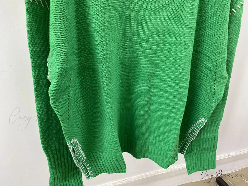 Hand-Woven Loose O-Neck Slit Hem Green Autumn Winter Christmas Sweater
