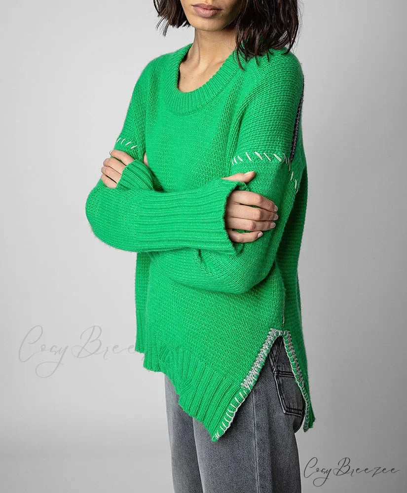 Hand-Woven Loose O-Neck Slit Hem Green Autumn Winter Christmas Sweater