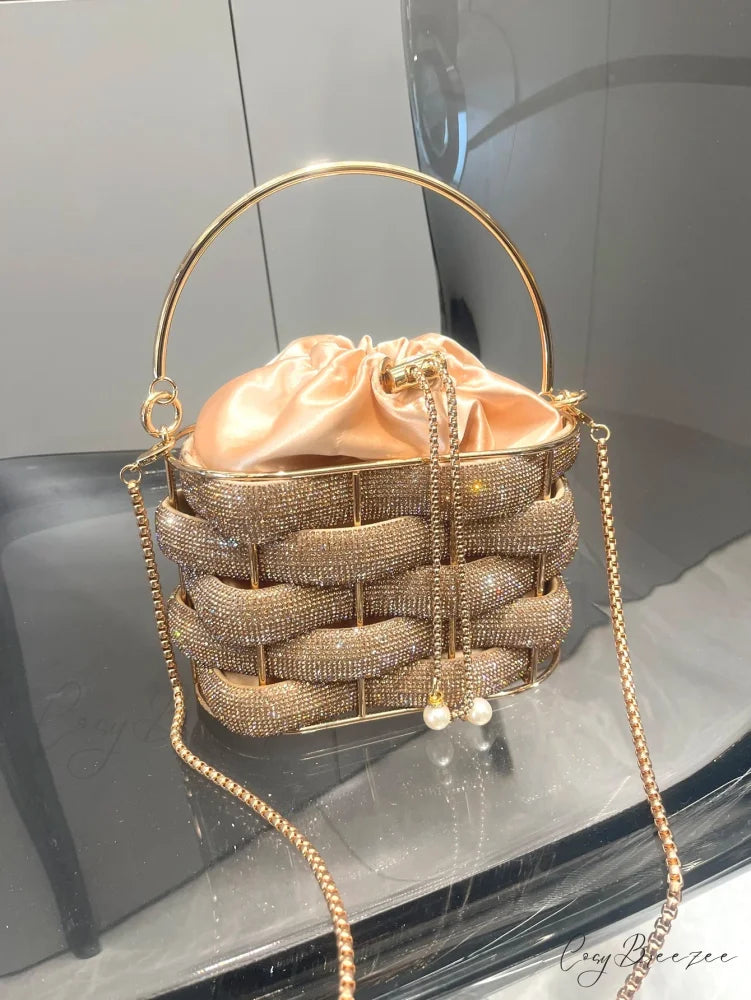 Handmade Rhinestone Crystal Clutch Bucket Bag Golden clutchbag-250126