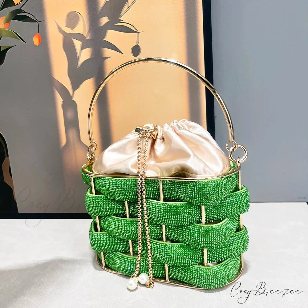 Handmade Rhinestone Crystal Clutch Bucket Bag Green clutchbag-250126