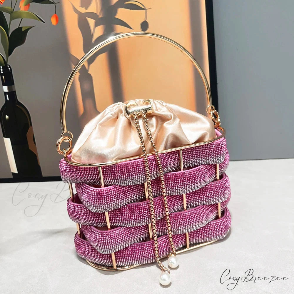 Handmade Rhinestone Crystal Clutch Bucket Bag Pink clutchbag-250126