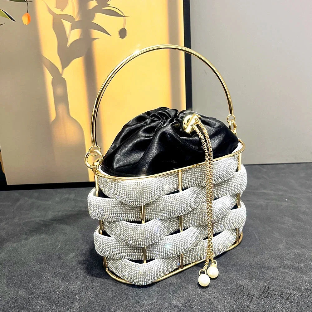 Handmade Rhinestone Crystal Clutch Bucket Bag Silver black clutchbag-250126