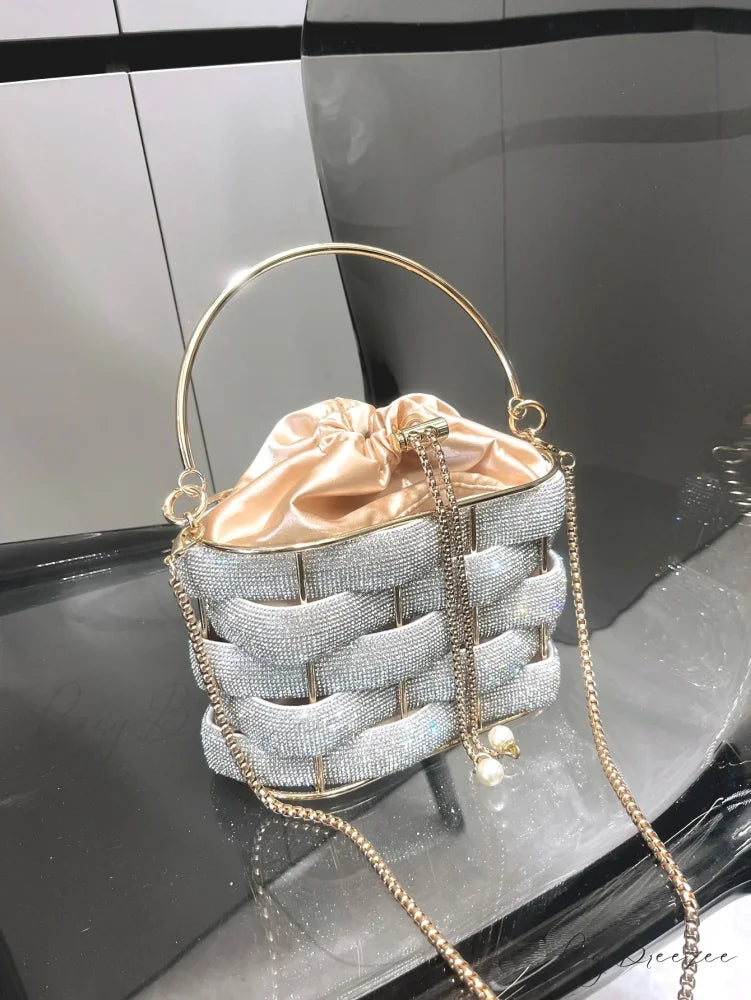 Handmade Rhinestone Crystal Clutch Bucket Bag Silver clutchbag-250126