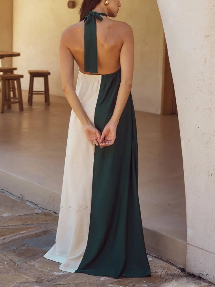 Hanging Neck Bold Contrast Color Trendy Halter Pocketed A-Line Maxi Dress