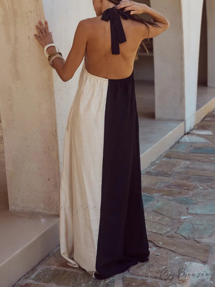 Hanging Neck Bold Contrast Color Trendy Halter Pocketed A-Line Maxi Dress