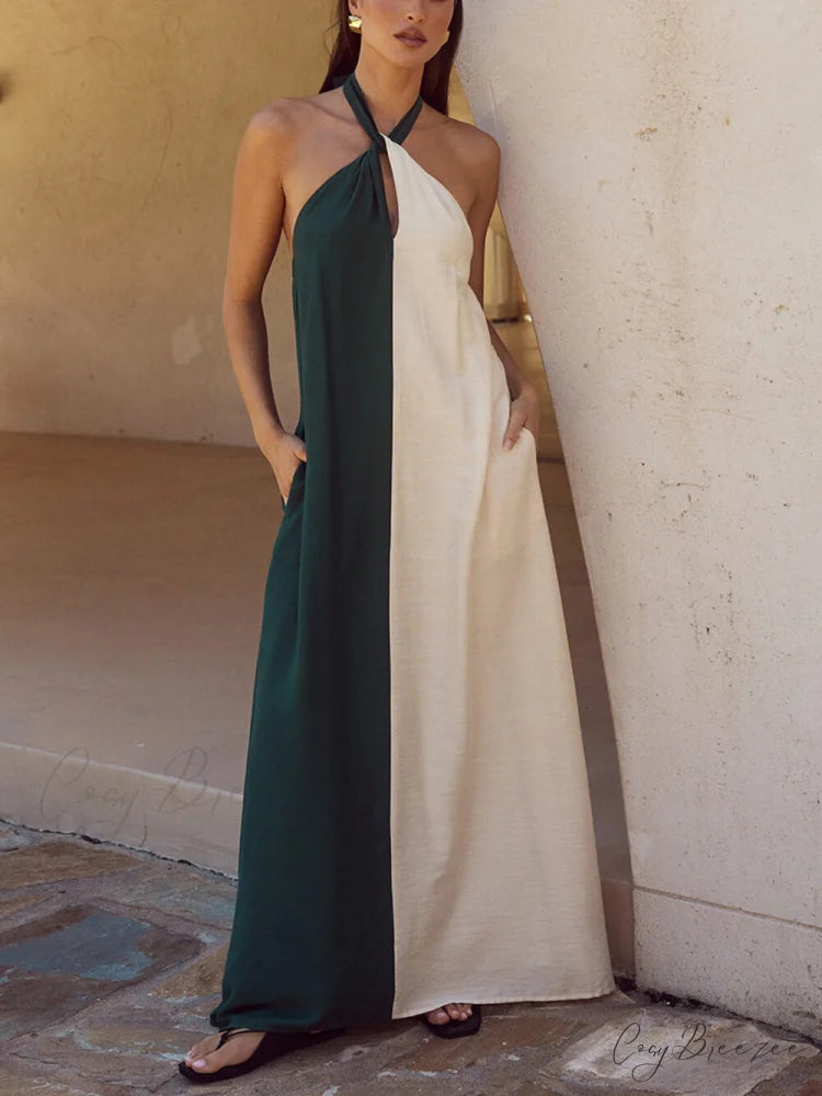 Hanging Neck Bold Contrast Color Trendy Halter Pocketed A-Line Maxi Dress Green / S