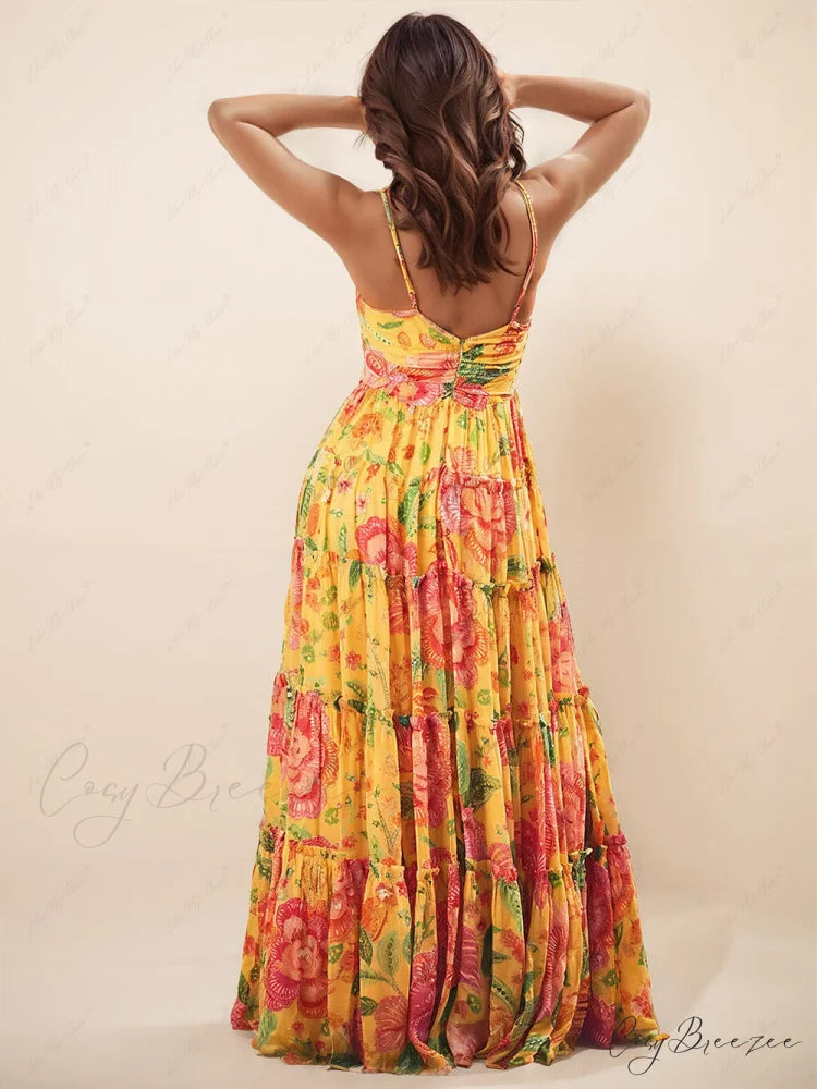 Hanging Neck Printed Floral Graceful Design Backless Straight Maxi Dress