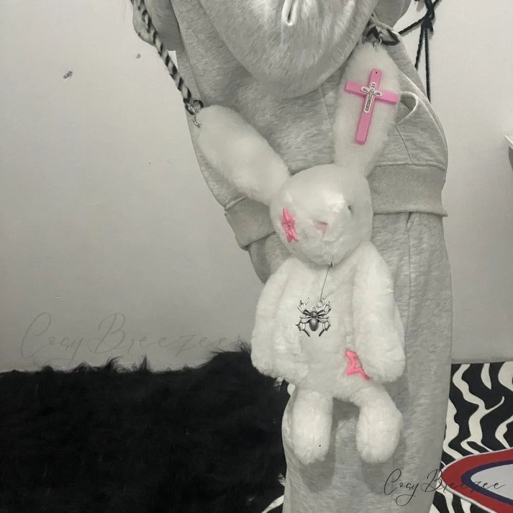 Harajuku Gothic Chain Soft Plush Y2K Punk Bunny Backpack Crossbody Shoulder Bag White