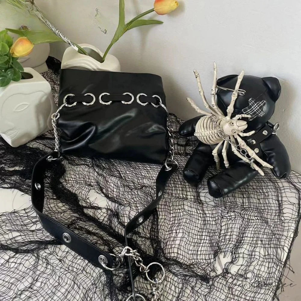 Harajuku Leather Punk Y2K Spider Bone Little Bear Pin Gothic Lolita Crossbody Bag Black / one size