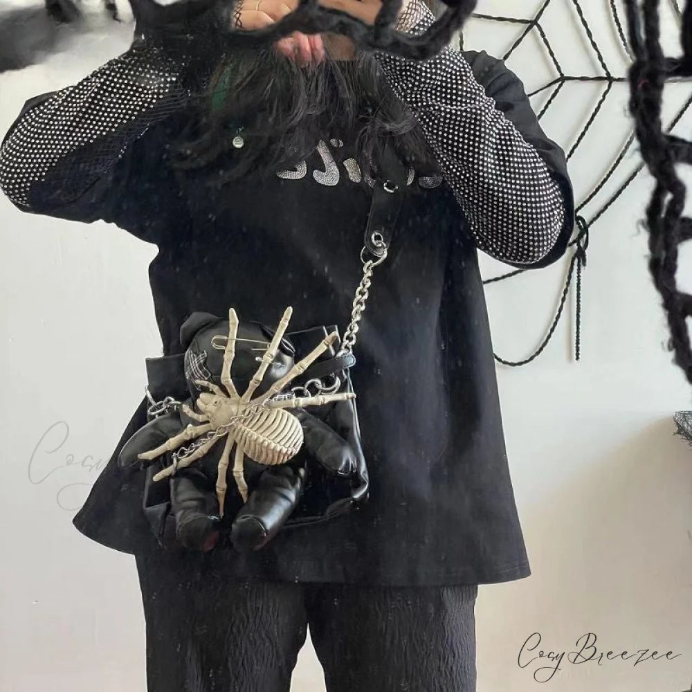 Harajuku Leather Punk Y2K Spider Bone Little Bear Pin Gothic Lolita Crossbody Bag Black / one size