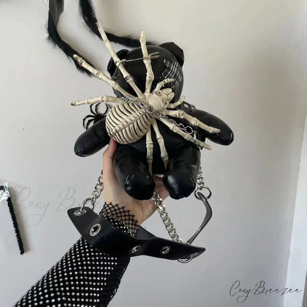 Harajuku Leather Punk Y2K Spider Bone Little Bear Pin Gothic Lolita Crossbody Bag Black / one size