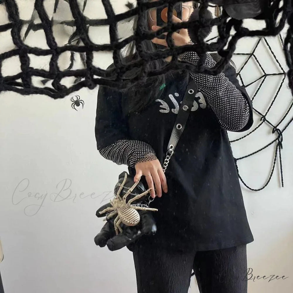 Harajuku Leather Punk Y2K Spider Bone Little Bear Pin Gothic Lolita Crossbody Bag Black / one size
