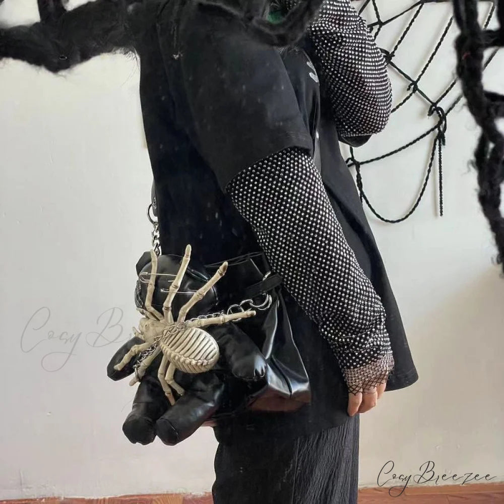 Harajuku Leather Punk Y2K Spider Bone Little Bear Pin Gothic Lolita Crossbody Bag Black / one size