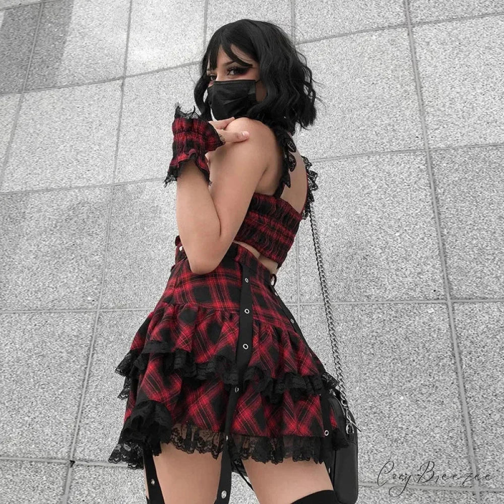 Harajuku Plaid Gothic Girl High Waist Plaided Lolita Mini Sets Japanese Fashion Streetwear Skirt