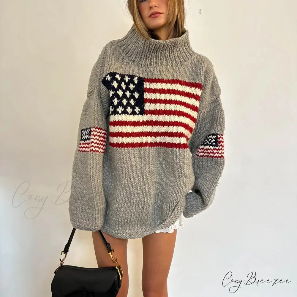 Harajuku Retro US Flag High Neck Sweater GRAY / M swraters-241228