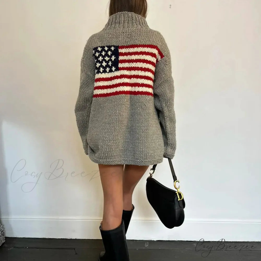 Harajuku Retro US Flag High Neck Sweater swraters-241228