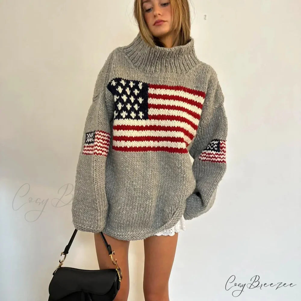 Harajuku Retro US Flag High Neck Sweater swraters-241228