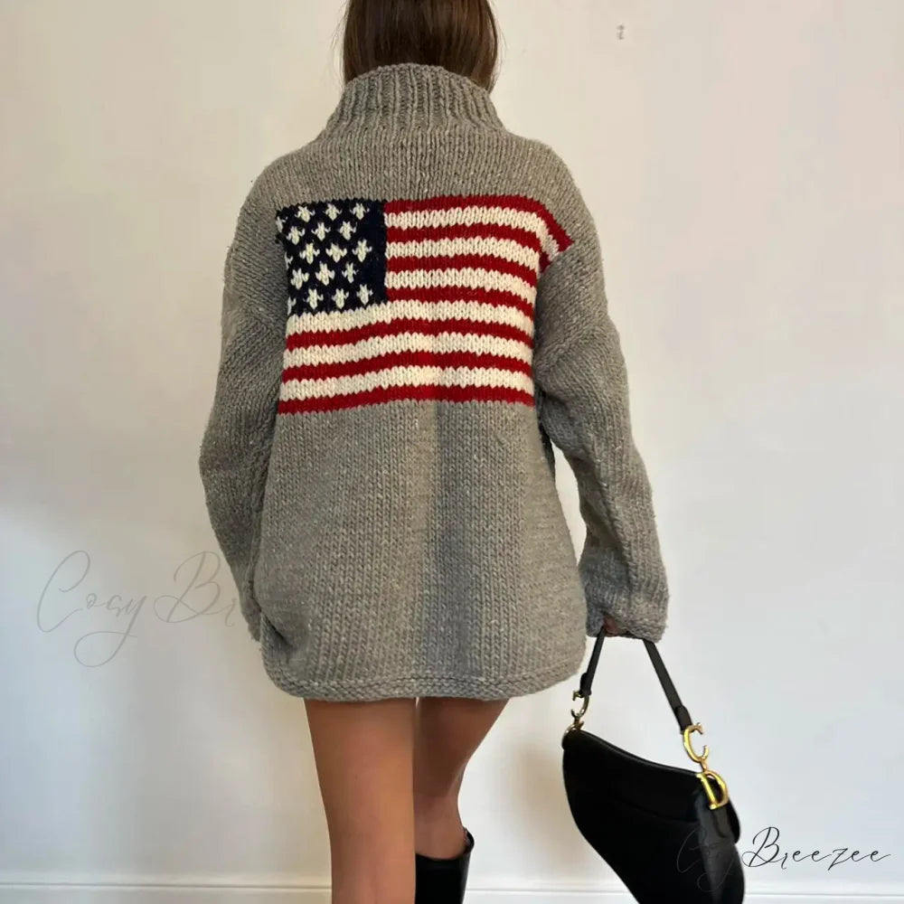Harajuku Retro US Flag High Neck Sweater swraters-241228