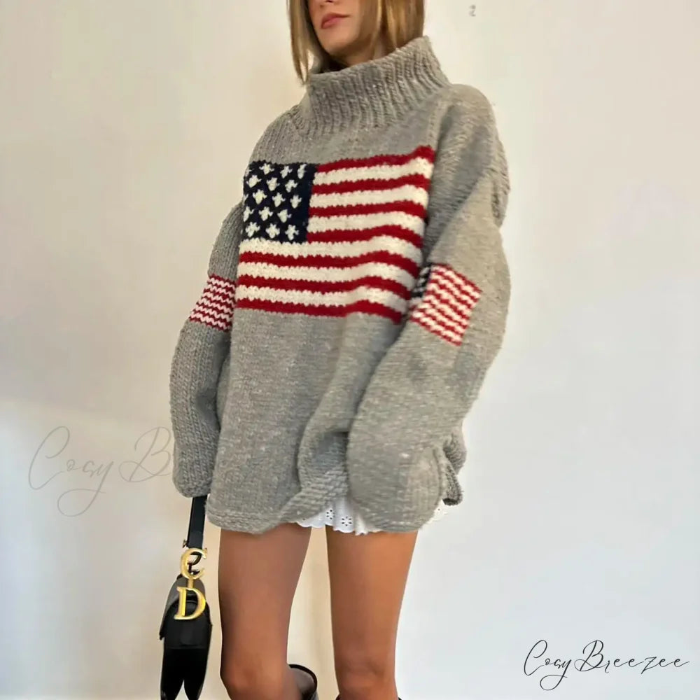 Harajuku Retro US Flag High Neck Sweater swraters-241228