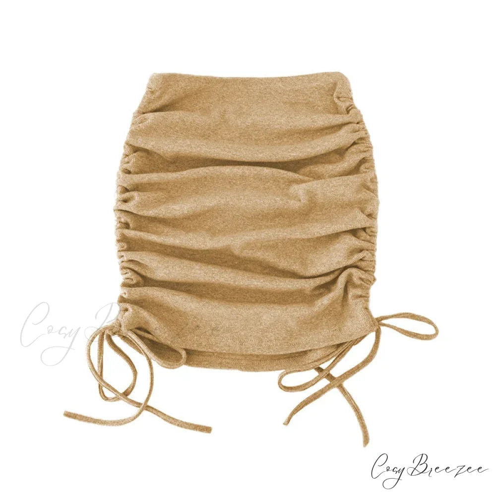 Harajuku Sexy Elastic Knitting Thread Side Drawstring Stylish Comfortable Skirt Khaki / S